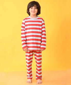 Red Sky Grey Melange Striped Long Sleeves Boys Pyjama Set