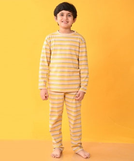 Yellow Grey Beige Striped Long Sleeves Boys Pyjama Set