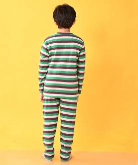 Green Grey Brown Striped Long Sleeves Boys Pyjama Set