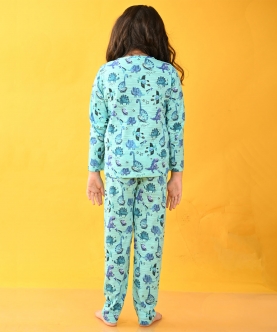 Aqua Space Disnoaur Girls Long Sleeves Pyjama Set - Aqua