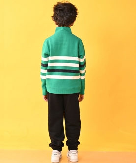 Green Striper Half Zipper Black Fleece Sweatshirt Jogger Set