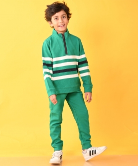 Green Striper Half Zipper Boys Sweatshirt Jogger Set - Green