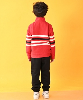 Red Striper Half Zipper Black Fleece Sweatshirt Jogger Set