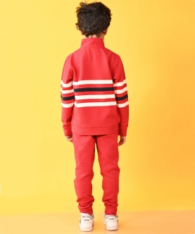 Red Striper Half Zipper Boys Sweatshirt Jogger Set - Red