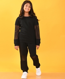 Black Interlock Net Sweatshirt Jogger Set - Black