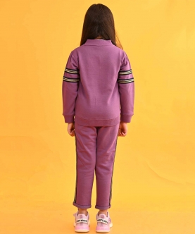 Purple Glitter Tape Zipper Fleece Sweatshirt Jogger Set