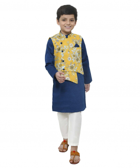 Dark Blue Kurta With Floral Printed Jacket And Lower