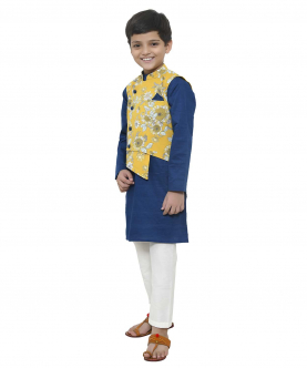Dark Blue Kurta With Floral Printed Jacket And Lower