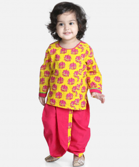 Hathi Print Infant Cotton Dhoti kurta-Yellow