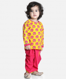 Hathi Print Infant Cotton Dhoti kurta-Yellow