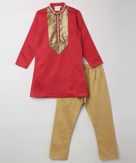Pure Cotton Lining With Cotton Satin Pyjama-Red