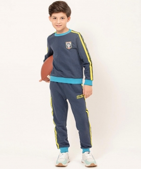 One Friday Navy Blue Cotton Solid Sweat Shirt For Kids Boys
