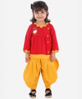 Mor Embroidery Top Dhoti For Girls-Red