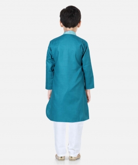 Printed Attached Jacket Cotton Kurta Pajama For Boys- Blue