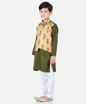Printed Attached Jacket Cotton Kurta Pajama for Boys-Green