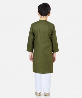 Printed Attached Jacket Cotton Kurta Pajama For Boys- Green
