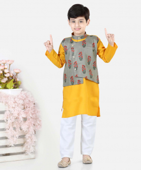 Printed Attached Jacket Cotton Kurta Pajama for Boys-Gray