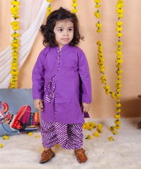 Front Open Cotton Full Sleeve Kurta with Dhoti- Purple
