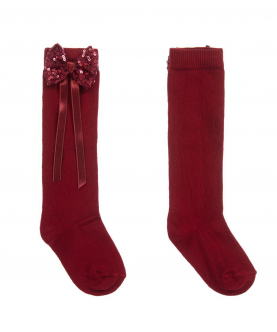 Dark Red Long Sequin Bow Socks