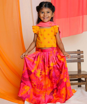 Palash Lehenga Set With Embroidered Dupatta, Pink & Yellow