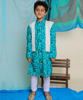 Nilmohar Kurta With Juui Jacket And Churidaar Set, Blue & White