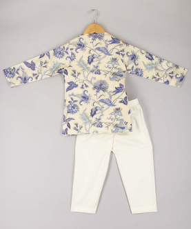 Blue Floral Printed Cream Kurta With Pyjama