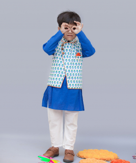 Blue Kurta With Flower Print Nehru Jacket Set