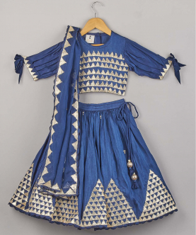 Blue Triangle Lace Work Top With Lehenga And Dupatta