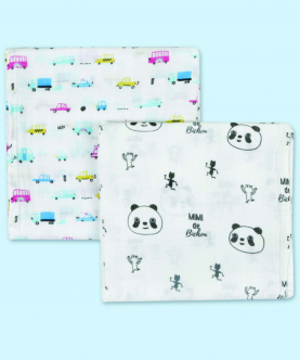 Baby Moo Pandas And Cars  Multicolour 2 Pk Muslin Swaddle