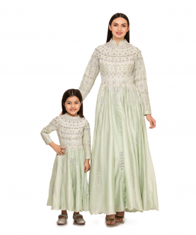 Pastel green embroidered mom and kid gown dress
