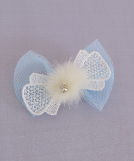 White Bow Hair Clip With Furry Pompom And Swaroski For Kids