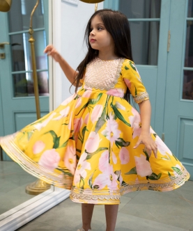 Bold Yellow Pink Floral Indian Ethnic Frock Dress