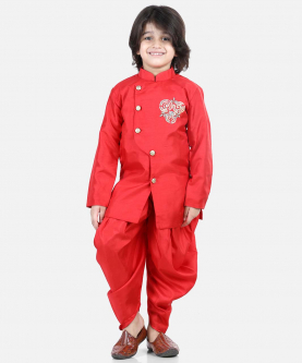 Hand Embroidered Kurta Dhoti for Boys-Red