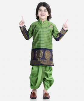 Full Sleeve Silk Border Dhoti Kurta for Boys-Green