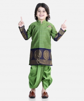 Full Sleeve Silk Border Sherwani Dhoti Sets For Boys- Green