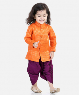Jacquard Full Sleeve Sherwani Dhoti for Boys-Orange