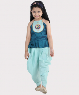 Hand Embroidered Grecian Neck Top Dhoti for Girls-Blue