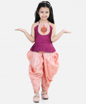 Hand Embroidered Grecian Neck Top Dhoti for Girls-Purple