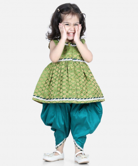 Jacquard Top with Dhoti for Girls-Green