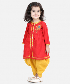 Cotton Embroidery Top Dhoti for Girls-Red