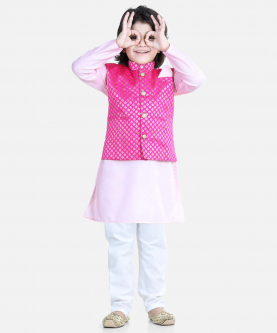 Attached Jacquard Jacket Kurta Pajama for Boys-Baby Pink