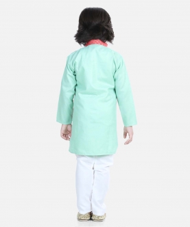 Attached Jacquard Jacket Kurta Pajama For Boys- Green