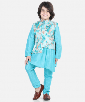 Assymetric Kurta Pajama with Jacket-Blue