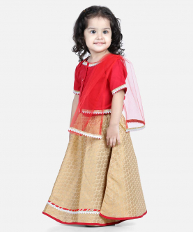 Front Open Cotton Top with Jacquard Lehenga for Girls-Red