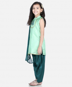 BownBee Hand Embroidered Silk Kurti Salwar for Girls-Green