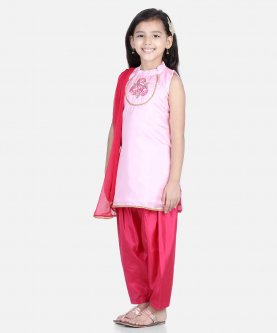 BownBee Hand Embroidered Silk Kurti Salwar for Girls-Pink