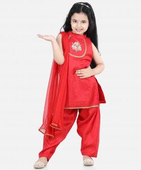 BownBee Hand Embroidered Silk Kurti Salwar for Girls-Red