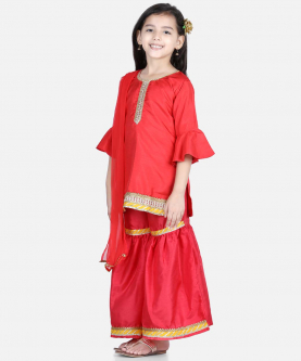 BownBee Bell Sleeve Silk Kurti Sharara Dupatta for Girls-Red