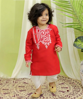 Embroidered Bangali Style Kurta With Dhoti For Boys- Red