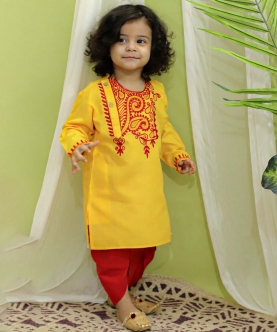 Embroidered Bangali Style Kurta With Dhoti For Boys- Yellow